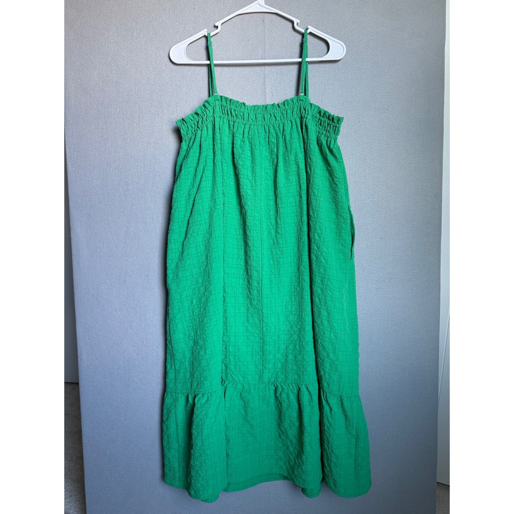 THML Midi Dress Womens L Green Smocked Tiered Gauzy Seersucker Lined Pockets